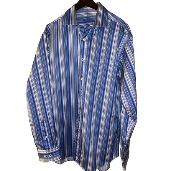 Bugatchi Uomo Shaped Fit Button Up Shirt Mens Large Preppy Casual Blue Striped - Picture 1 of 8